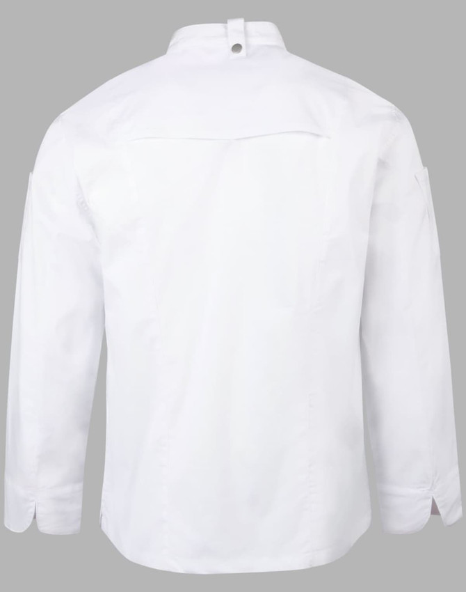 A white men's chef jacket featuring long sleeves and a back yoke design, with a logo on the sleeve.