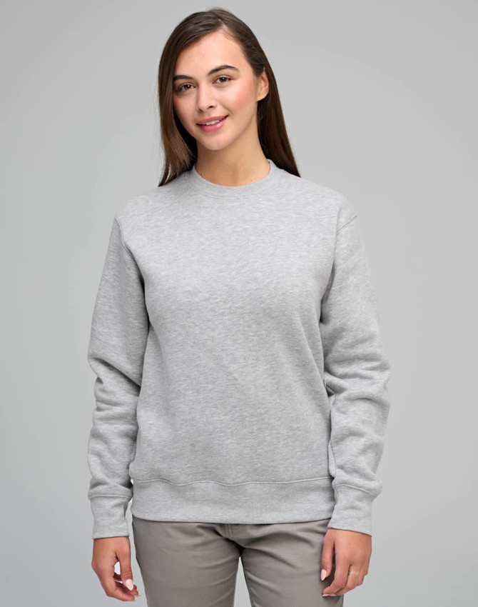 A grey crew fleece sweatshirt with long sleeves and a round neckline, featuring a subtle logo.