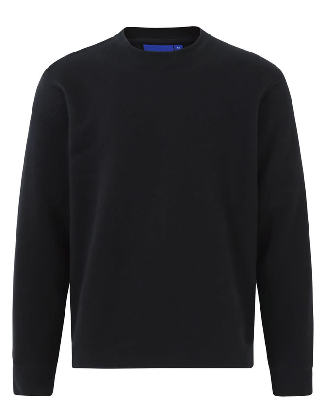 A black kids' crew neck fleecy sweater with long sleeves and a simple design. It features a logo on the label.