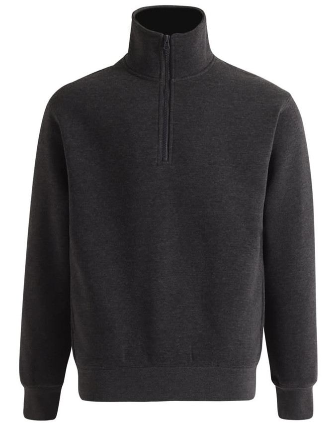 A dark grey 1/2 zip collar fleecy jumper featuring long sleeves and elastic cuffs. It has a logo on the chest.
