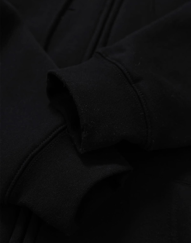 A black men's full-zip fleecy hoodie featuring cuff details and a logo.