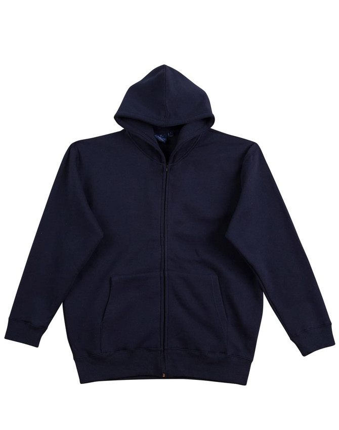 A navy blue full-zip fleecy hoodie with a front pocket and a hood, featuring a logo.