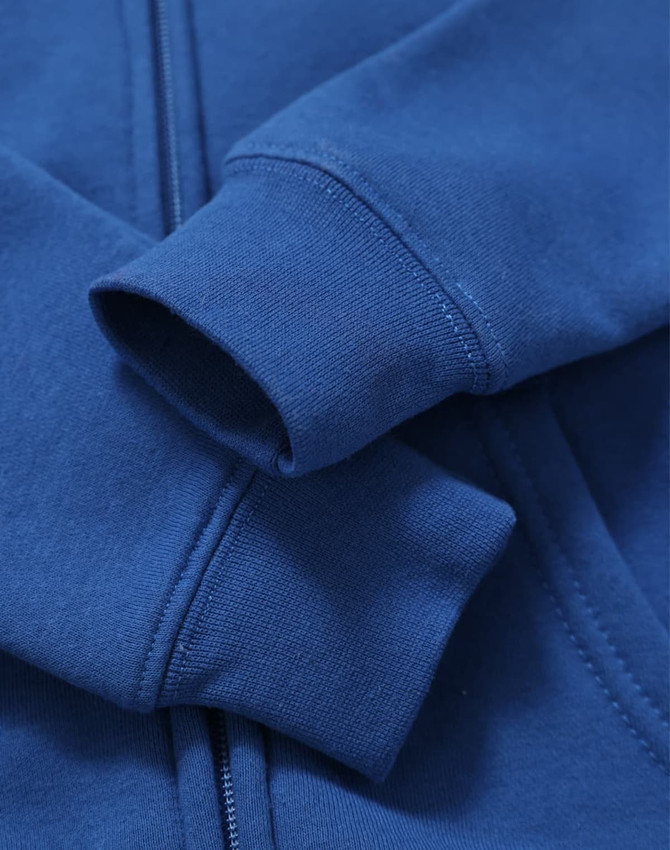 A blue full-zip fleecy hoodie featuring a logo and ribbed cuffs.