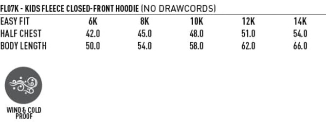 A kids' fleece hoodie in various sizes, featuring a logo and designed for warmth and comfort.