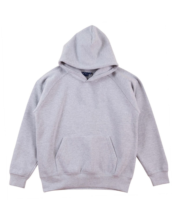 A grey kids' fleece hoodie featuring a front pocket and a hood, with raglan sleeves. It has a logo on it.
