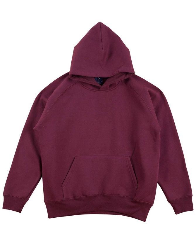 A burgundy kids' fleece hoodie featuring a kangaroo pocket and a large hood. It has a logo on the label.