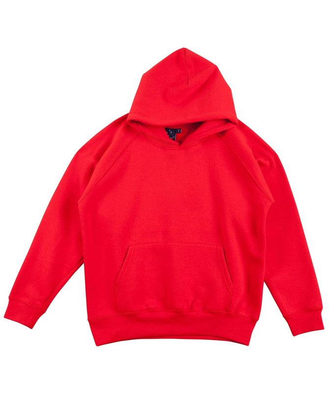 A red kids' fleece hoodie featuring a front pocket and a hood, with a logo on one side.