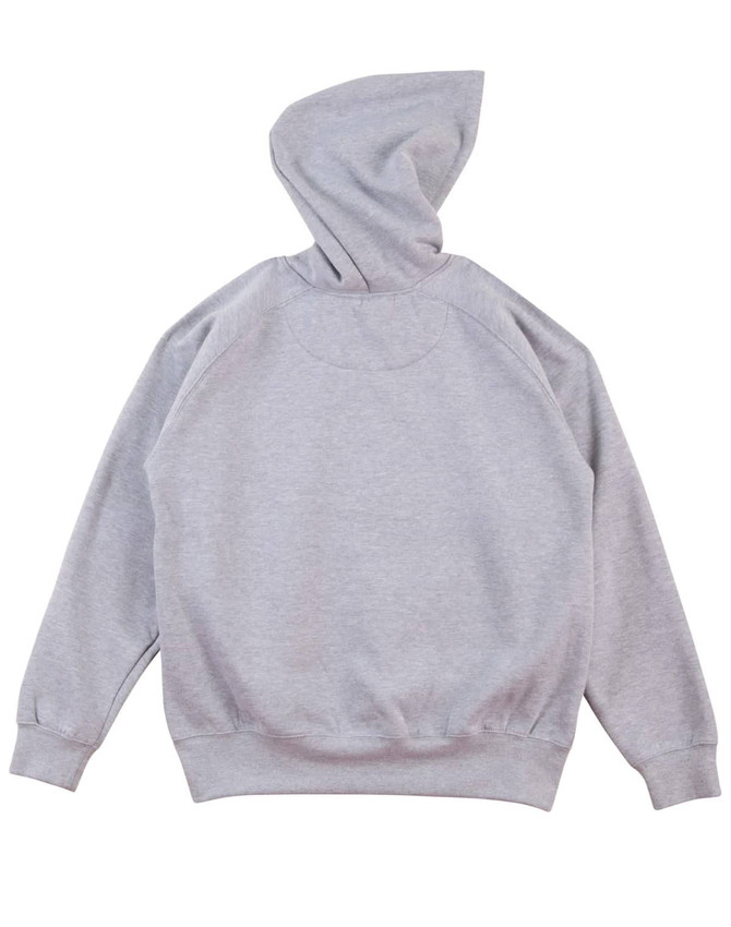 A grey kids' fleece hoodie with a kangaroo pocket and a hood. It has a simple design and includes a logo.