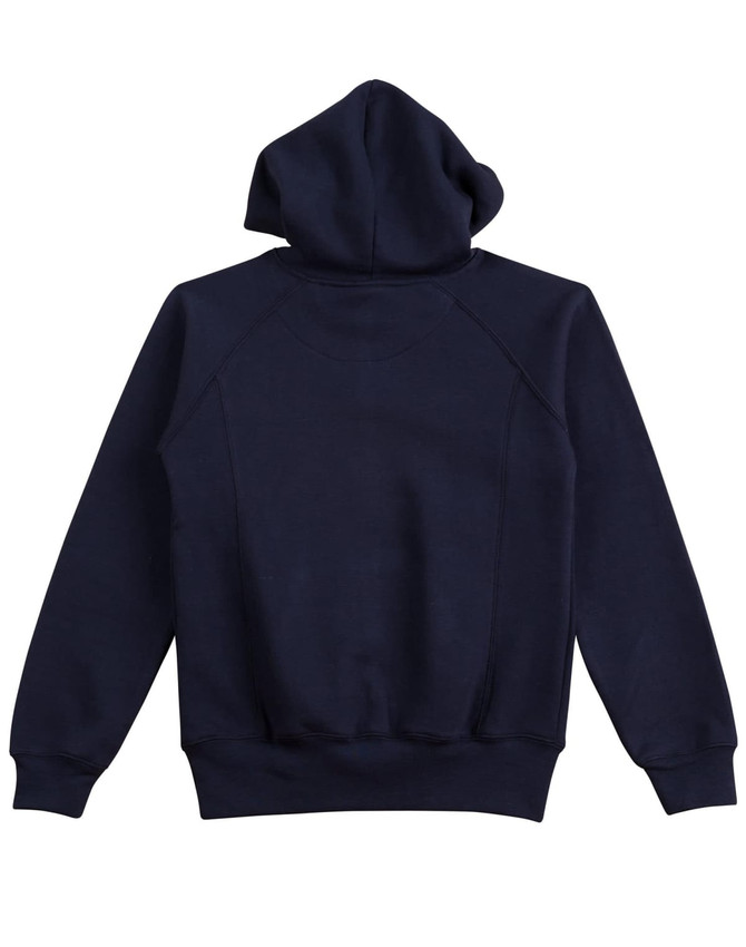 A navy ladies' fleecy hoodie featuring a drawstring hood and ribbed cuffs. Includes a logo on the back.