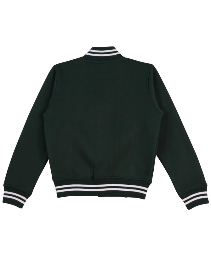 A dark green fleece varsity jacket with contrasting white stripes on the collar and cuffs, featuring a logo.