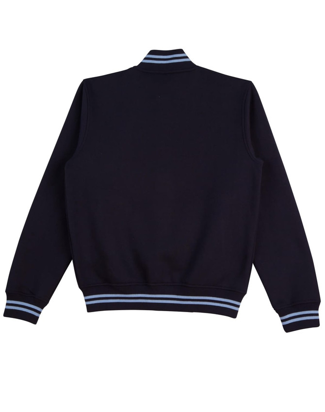 A navy blue kids' fleece varsity jacket featuring striped cuffs and collar, with a logo present.