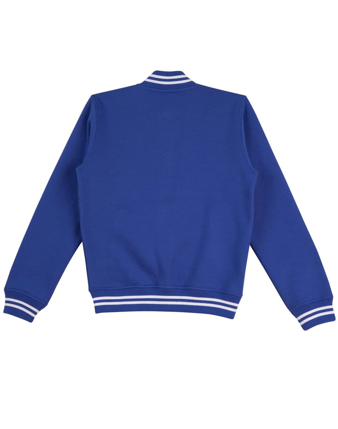A blue kid's fleece varsity jacket with white striped cuffs and collar, featuring a logo.