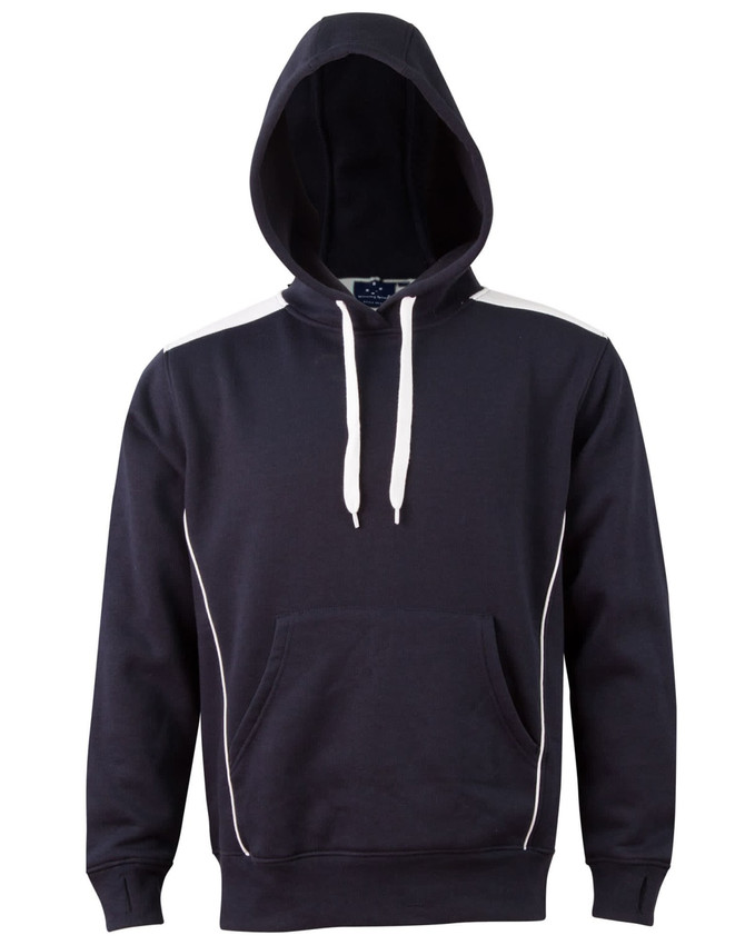A navy blue hoodie featuring a kangaroo pocket, contrasting white details, and a hood. It has a logo on the front.