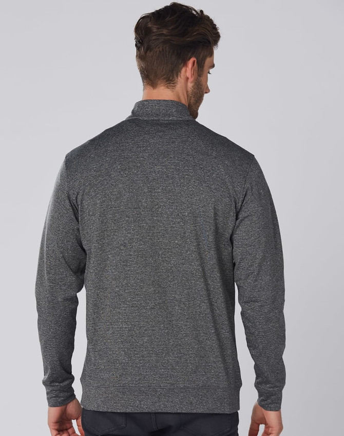 A dark grey men's half zip long-sleeve sweat top with a simple design and branding on the back.