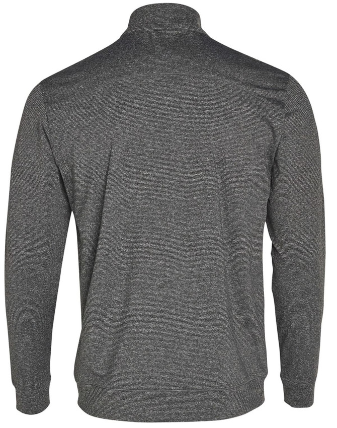 A grey men's half zip long sleeve sweat top, featuring a sleek design and a logo on the back.