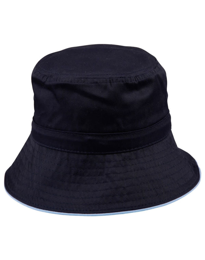 A black bucket hat with a wide brim, featuring a toggle adjustment and a decorative trim along the edge.