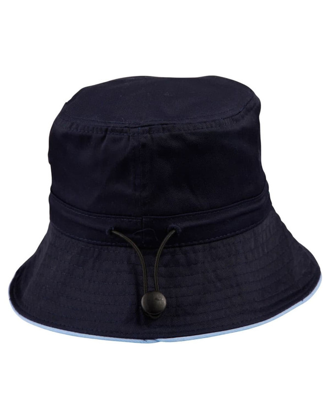 A navy blue bucket hat with a toggle adjustment and a logo on the side.