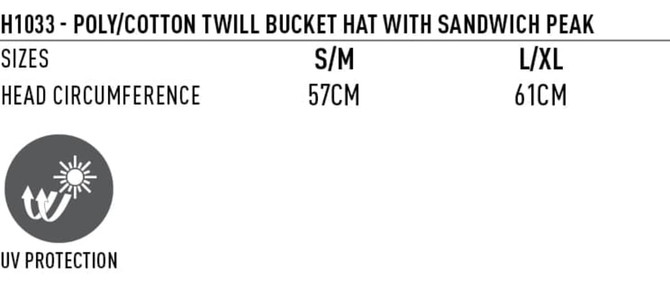 A bucket hat in poly/cotton twill with a sandwich peak, featuring a logo, available in two sizes.