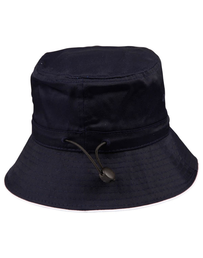 A navy bucket hat with a toggle adjustment. The design features a wide brim for sun protection.