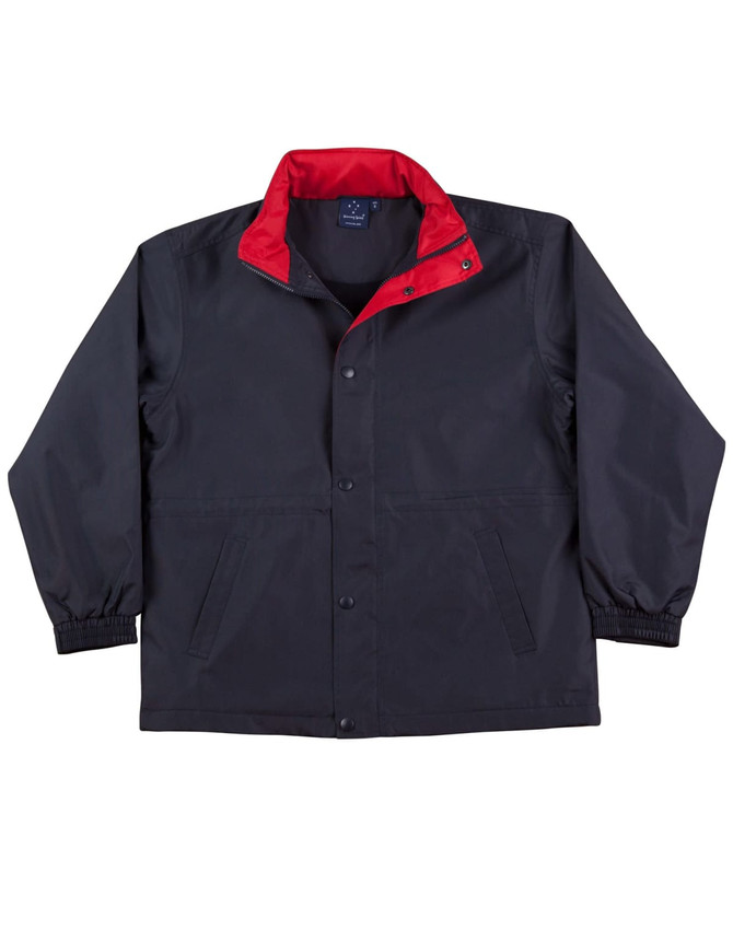 A black varsity jacket with a red collar, featuring a logo and snap-button front closure.