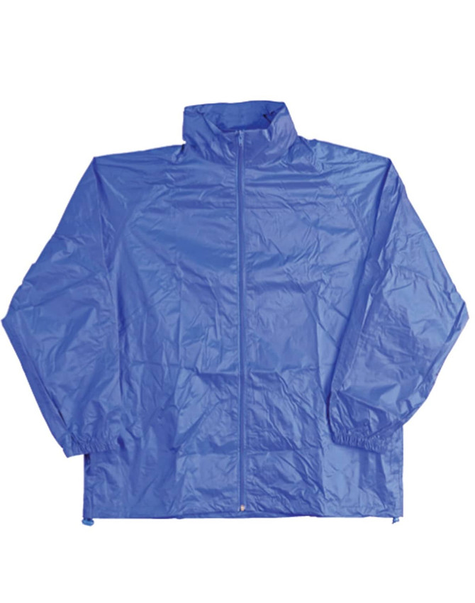 A blue outdoor activity spray jacket with a full zip and elasticated cuffs, featuring a logo.