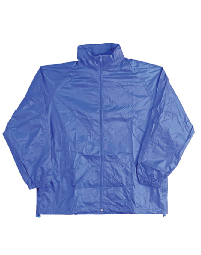 A blue kids' outdoor activity spray jacket with a zip front and elastic cuffs, featuring a logo on the chest.