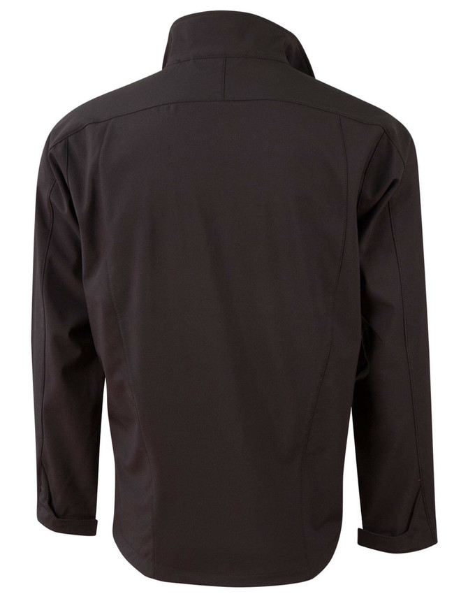 A black men's softshell contrast jacket with a tall collar, featuring a logo on the back.