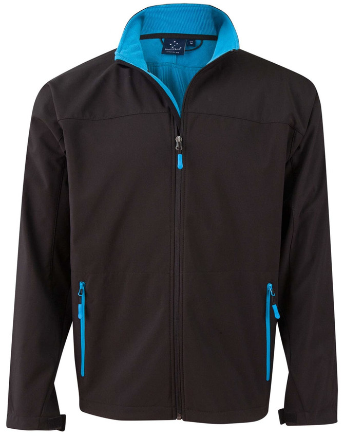 A black softshell jacket with contrast teal accents and a central zip. Features two zippered pockets and a collar.