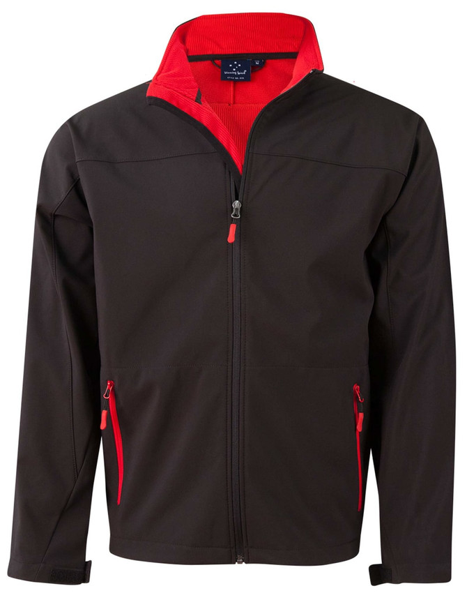 A men's softshell jacket in black with red contrast detailing and zippered pockets. It features a high collar.