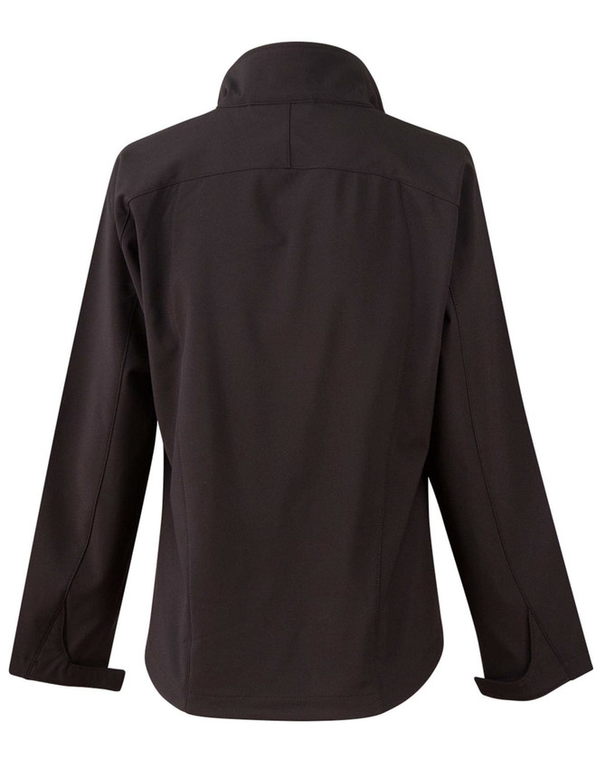 A black softshell jacket with a high collar and long sleeves, featuring a branding logo on the back.