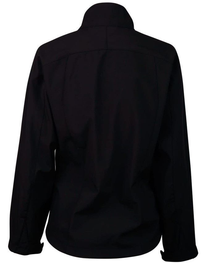 A black softshell jacket featuring a collar and a simple back design. It has a logo on the fabric.