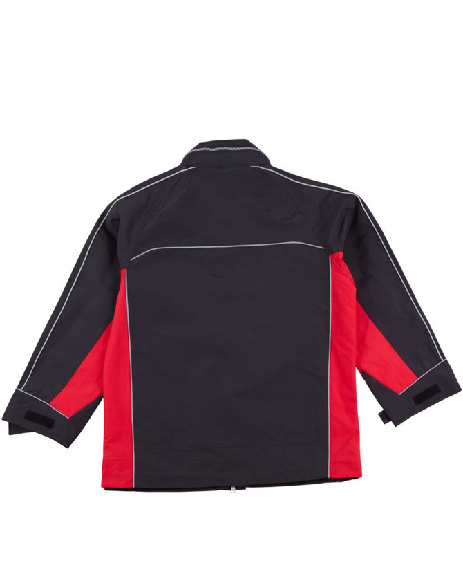 A black and red men's 3-in-1 jacket with a logo, featuring long sleeves and a zipped back.