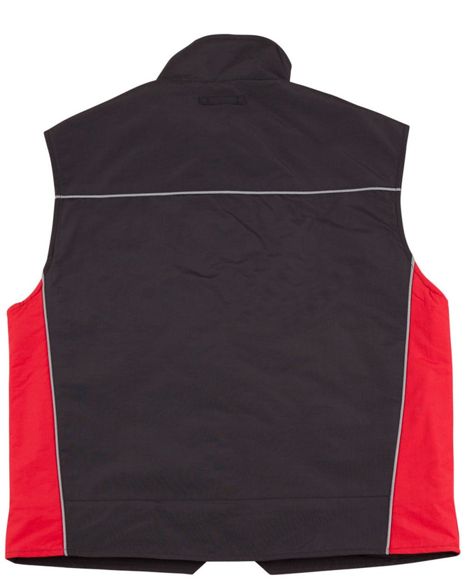 A men's 3-in-1 jacket featuring a black front and red sides, with a collar and reflective detailing.