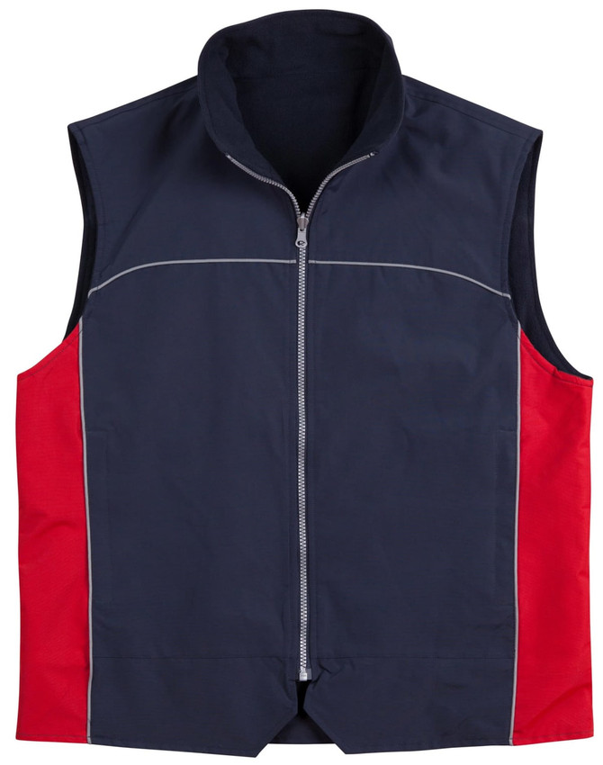 A navy and red men's 3-in-1 jacket featuring a zip front and sleeveless design. It has a logo on the chest.
