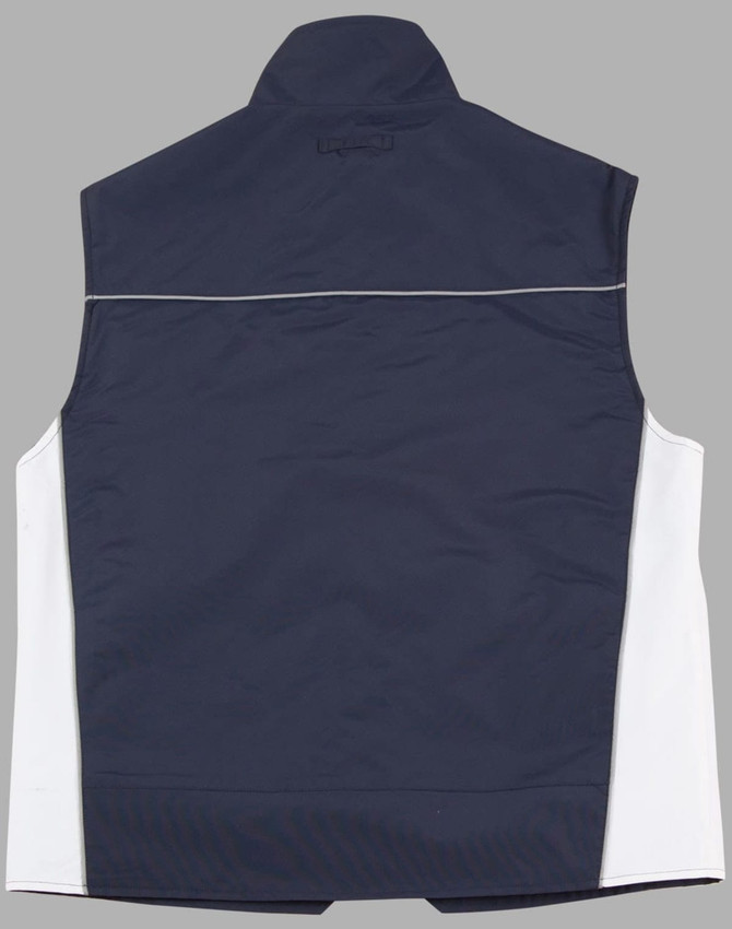 A men's 3-in-1 jacket in navy with white side panels and a logo on the back. Ideal for versatile layering.