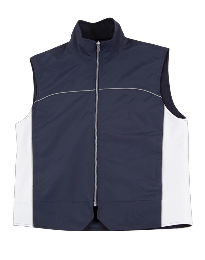 A navy and white men's 3-in-1 jacket featuring a zip front and raised collar. It has a logo on the front.