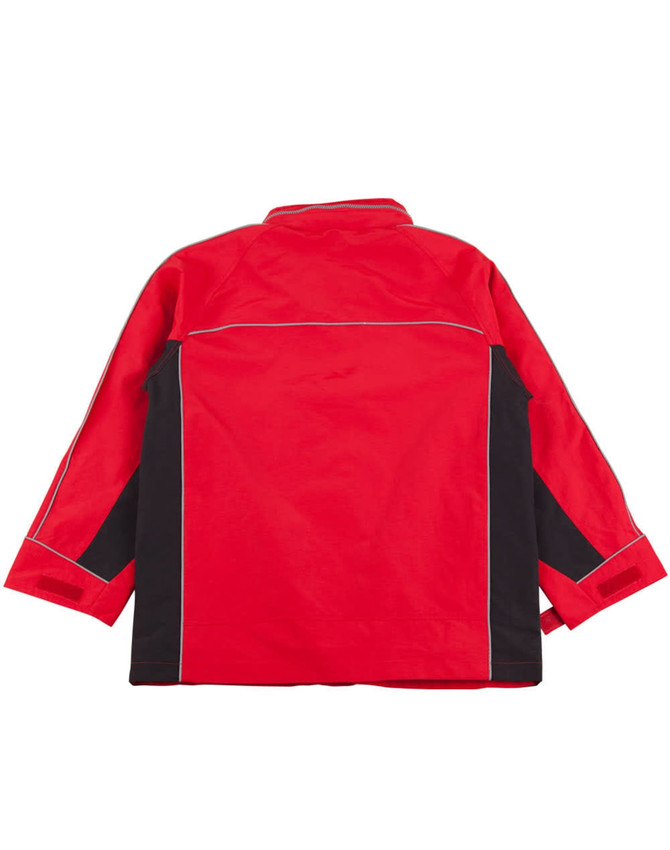 A red and black men's jacket featuring a collar and contrasting panels, with a logo on it.