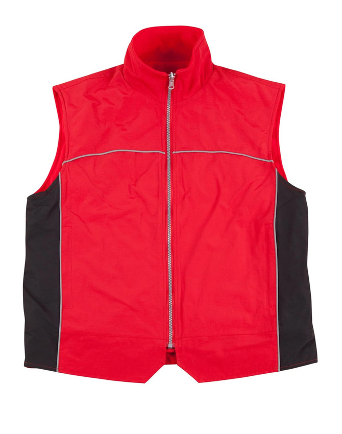 A red and black men's 3-in-1 jacket featuring a zip front and reflective detailing. Includes a logo.