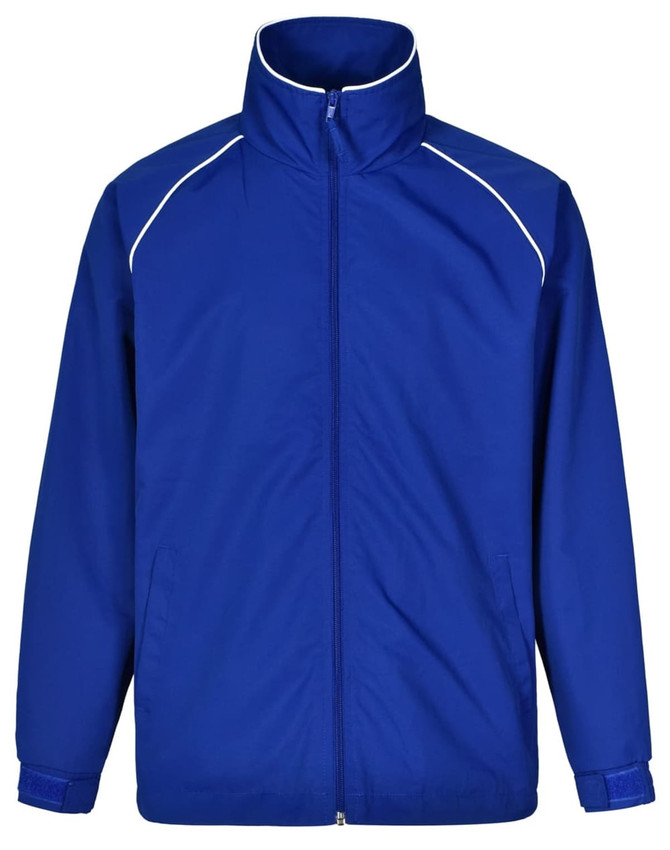 A blue track jacket featuring white piping and a high collar. The jacket has a logo on the front.