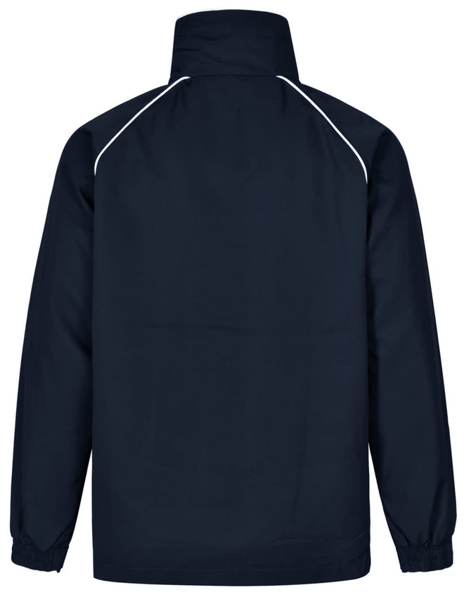 A navy track jacket featuring a high collar and white piping detailing, with elasticated cuffs and a back view.