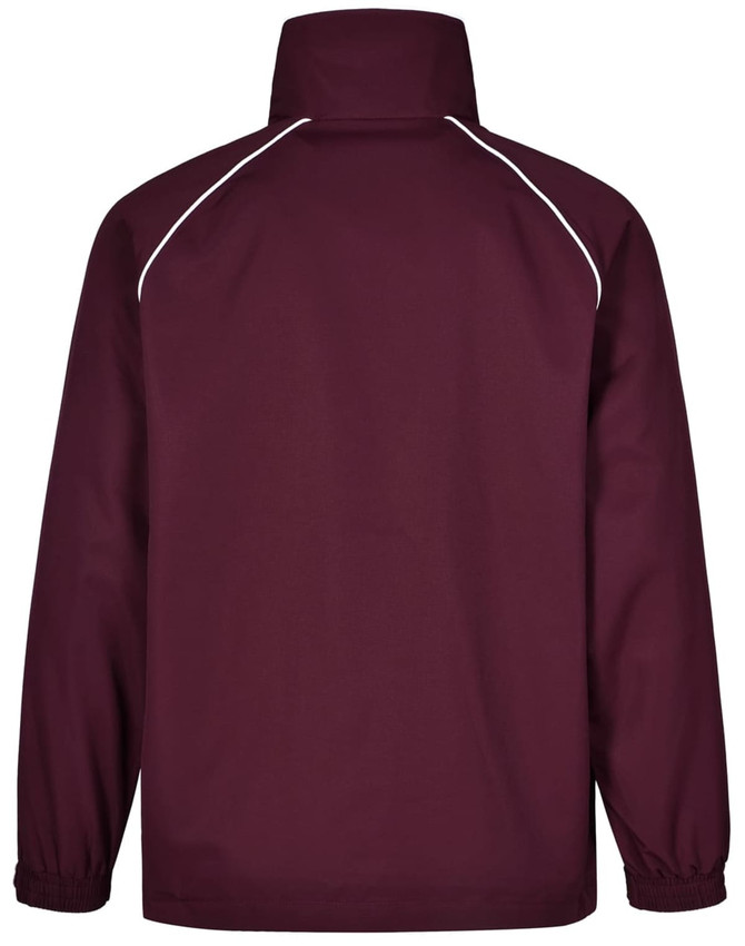 A maroon track jacket featuring a high collar and white detailing along the seams. It has a logo on the back.