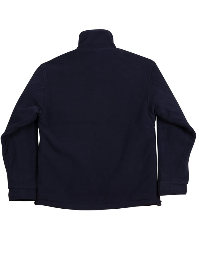 A navy blue reversible jacket with a high collar, featuring long sleeves and a simple design. It has a logo.