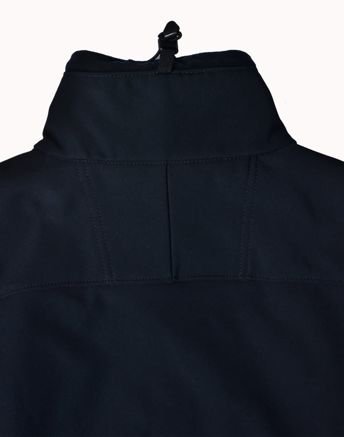 A black men's softshell high-tech jacket featuring a high collar and back detailing, with a logo present.