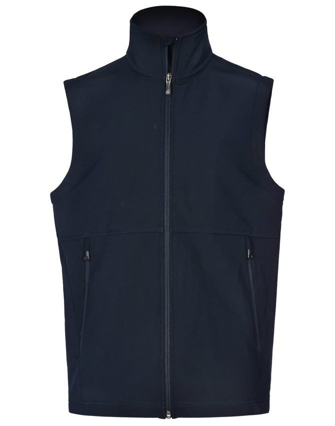 A men's softshell hi-tech vest in navy blue, featuring a zip-up front and two side pockets. Includes a logo.