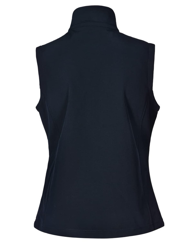 A black women's softshell vest with a high collar and no sleeves at the back. It features a logo.