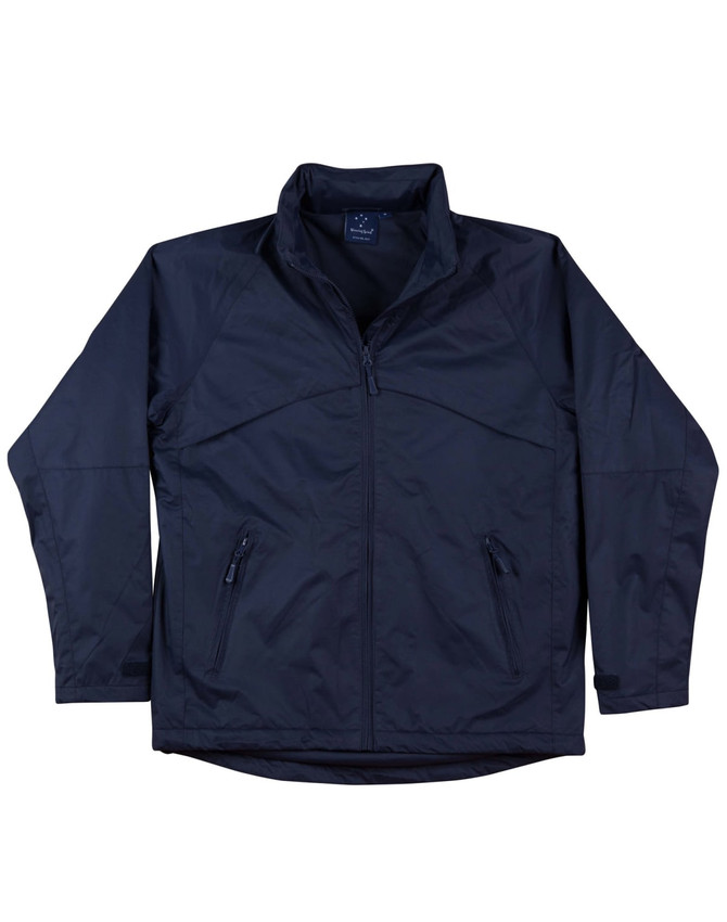 A navy blue men's jacket with a zip front, two side pockets, and a collar. It features a logo on the upper left.