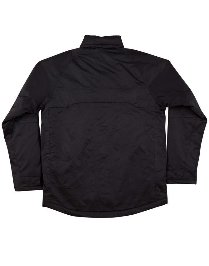 A black men's jacket with a collar and long sleeves, featuring a simple design and a logo.