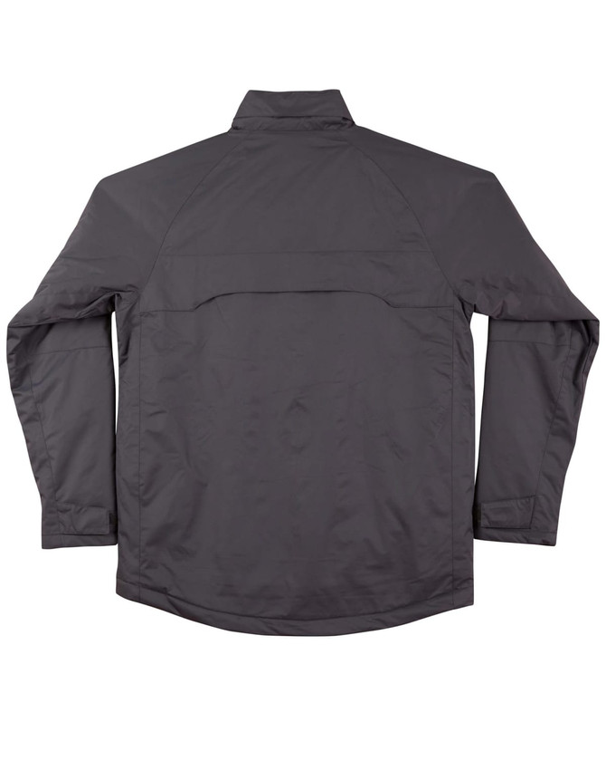 A black men's chalet jacket with a high collar and long sleeves, featuring a logo on the back.