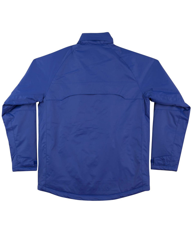 A blue men's jacket featuring long sleeves and a high collar, with a logo on the back.