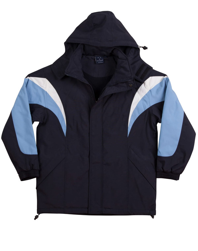 A tri-colour jacket featuring navy blue, light blue, and white accents, complete with a hood and branding.